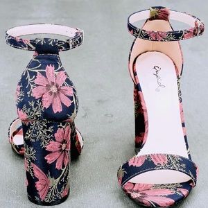 Mauve Navy Brocade Ankle Strap Heels